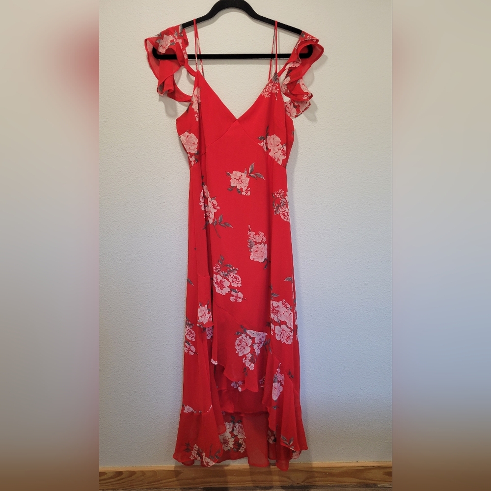 Womens Cold Shoulder Floral Sleeve V Neck Tea-Length Hi-Lo Dress Speechless L‎